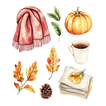 A warm autumn arrangement showcases a pink scarf, an orange pumpkin, a steaming coffee cup, scattered colorful leaves, and a pinecone, evoking a cozy seasonal vibe.