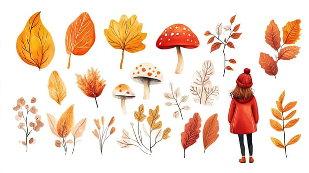 A girl wearing an orange coat stands among colorful autumn leaves and mushrooms, appreciating the beauty of nature during a sunny day in the fall season.