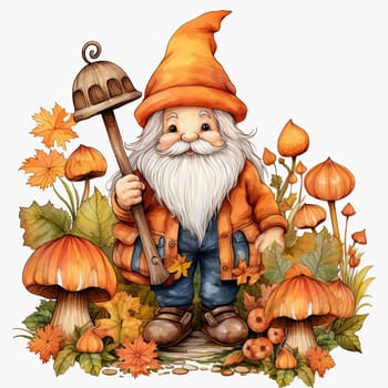 A cheerful gnome dressed in orange stands among various mushrooms and autumn foliage, holding a wooden staff in a lively forest setting.