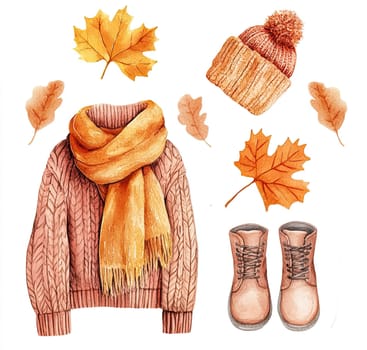 A warm knitted sweater, orange scarf, beanie, and stylish boots are arranged with autumn leaves, conveying a cozy fall vibe perfect for cooler weather.