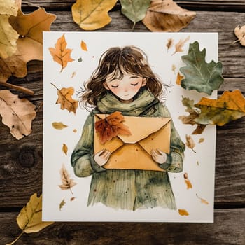 A young girl stands with her eyes closed, gently holding an envelope adorned with autumn leaves, surrounded by fallen foliage on a rustic wooden table.