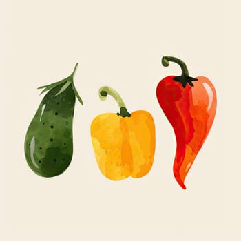 An appealing display of fresh produce featuring a green cucumber, a vibrant yellow bell pepper, and a red chili pepper, perfect for healthy recipes.