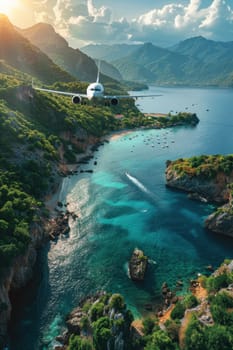 An airplane carrying tourists flies over an ocean landscape with a tropical island. Thailand tourist destinations.