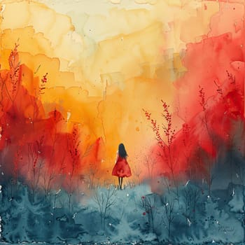 The artwork showcases striking red and orange leaves rising against a beautifully blended warm yellow and soft blue background, capturing the essence of autumn.