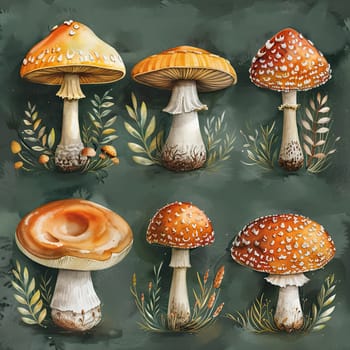 Two large mushrooms nestled in a wicker basket, set against a backdrop of vibrant autumn foliage.