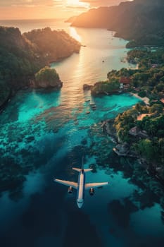 Jet passenger airplane flying over a tropical island. The airliner makes a landing on exotic islands in the warm ocean, vacation travel concept.