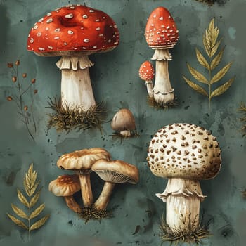 A collection of mushrooms is displayed against a textured backdrop, highlighting their diverse forms and vibrant colors. This artistic representation emphasizes their natural beauty.