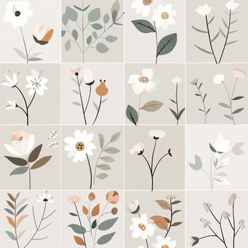 This artwork showcases a beautiful assortment of floral designs, emphasizing a minimalist approach with soft colors. Ideal for home decor or creative projects.