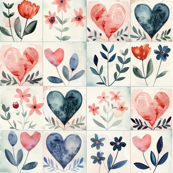 A vibrant grid of watercolor designs features hearts and various flowers in shades of pink, red, dark blue, and green, reflecting artistic expression and floral beauty.