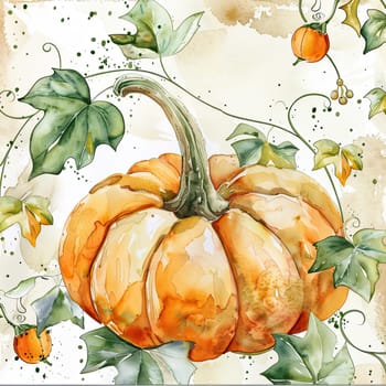 A beautifully rendered watercolor display showcases an orange pumpkin surrounded by lush green vines and delicate leaves, perfect for celebrating the fall season.