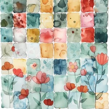 A lively arrangement of watercolor squares features various colors, while delicate flowers bloom at the bottom, showcasing an artistic garden atmosphere.