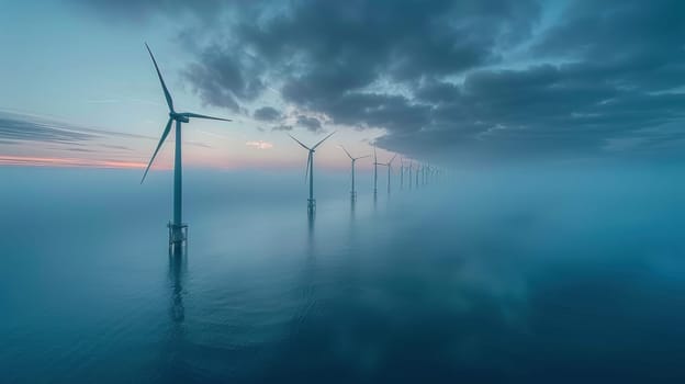 Wind turbines standing in water generate electricity. Wind turbines in the Netherlands.