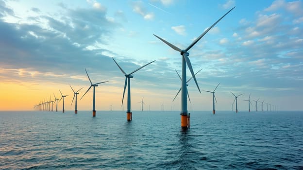 Wind turbines standing in water generate electricity. Wind turbines in the Netherlands.
