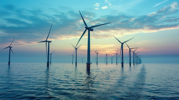 Wind turbines standing in water generate electricity. Wind turbines in the Netherlands.