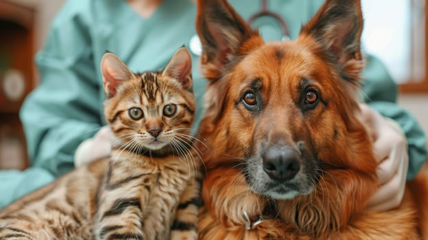 A dog and a cat in the arms of the owner. A friendly pair of pets.