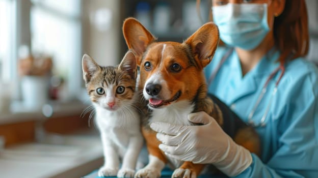 A dog and a cat in the arms of the owner. A friendly pair of pets.