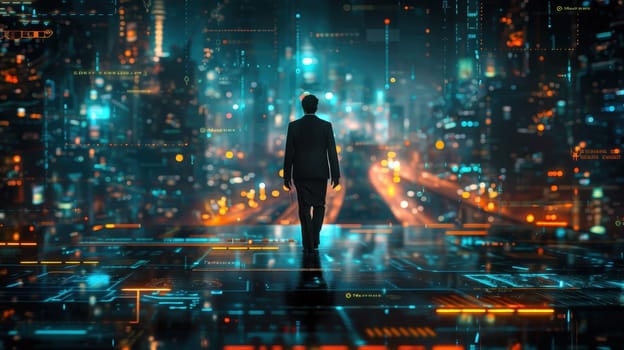 a businessman standing against the background of a futuristic digital city. Smart city concept, dreams, development, quality life, digital technologies.