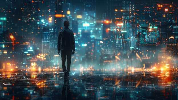 a businessman standing against the background of a futuristic digital city. Smart city concept, dreams, development, quality life, digital technologies.