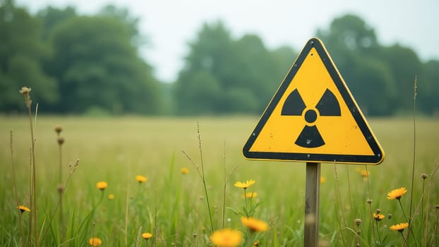 Yellow triangular sign with nuclear symbol in open field. Radiation contamination of environment.