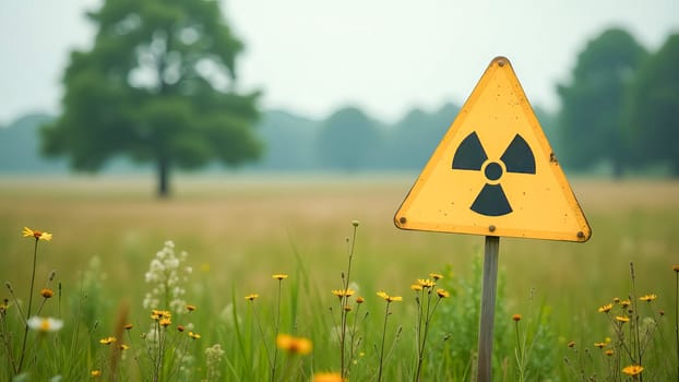 Yellow triangular sign with nuclear symbol in open field. Radiation contamination of environment.