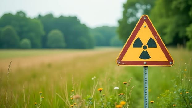 Yellow triangular sign with nuclear symbol in open field. Radiation contamination of environment.