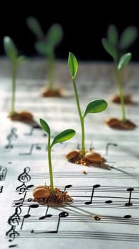 In a tranquil indoor garden, vibrant seedlings emerge from the surface of musical notes, creating a captivating fusion of nature and artistry that enchants the senses.