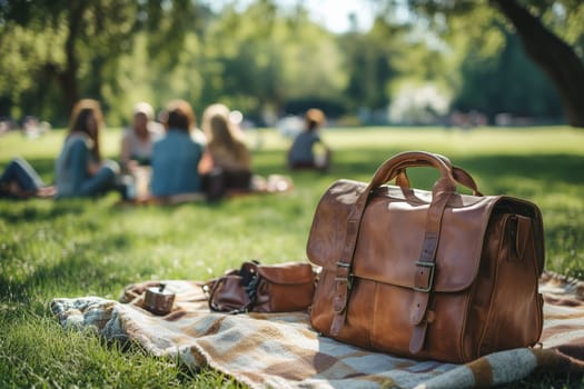 Gathered among tall trees, a group enjoys a delightful outdoor picnic, sharing laughter and snacks while a leather bag rests nearby on a soft blanket.
