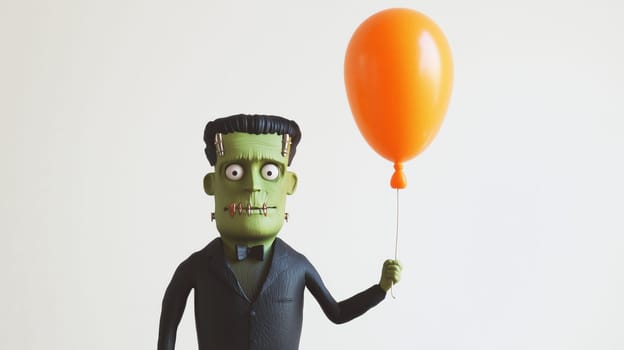 A quirky rendition of Frankensteins monster stands with a playful expression, clutching a bright orange balloon in a minimalist setting, radiating a lighthearted charm.