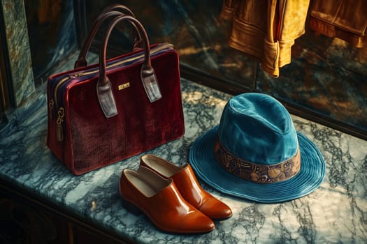An exquisite collection of stylish shoes, a vibrant hat, and a chic handbag rest on a marble surface, showcasing timeless fashion elegance in a boutique setting.