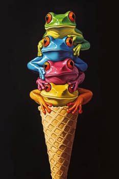 Four vividly colored frogs are creatively stacked on a cone, mimicking a whimsical ice cream treat against a contrasting dark background, sparking joy and imagination.