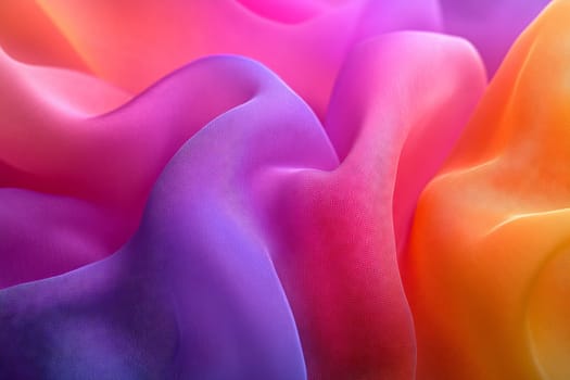 Vibrant layers of flowing fabrics intertwine in a harmonious dance of colors, showcasing a mesmerizing blend of silk textures under warm sunlight.