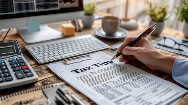 A client engages with their accountant, reviewing tax tips at a contemporary workspace. Notes, a calculator, and plants create a productive atmosphere.