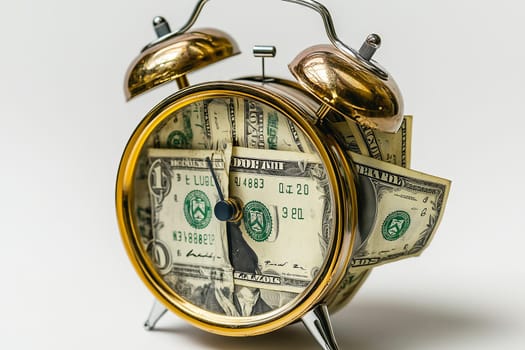 An alarm clock with its bells chiming is creatively packed with dollar bills, representing the intersection of time and money in a playful yet thought-provoking manner.