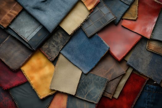 An eclectic assortment of colorful fabric swatches is meticulously arranged, showcasing a variety of textures and colors that inspire design creativity. The blend creates a harmonious visual tapestry.