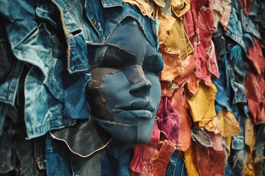 In a bold gallery setting, an innovative installation emerges, featuring a human likeness intricately crafted from colorful, recycled denim, inviting reflections on identity and material culture.