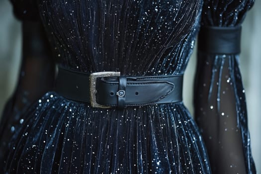 The elegant evening dress, made from crushed fabric, glistens in the soft lighting, complemented by a sleek belt, creating a stunning silhouette for a formal event.