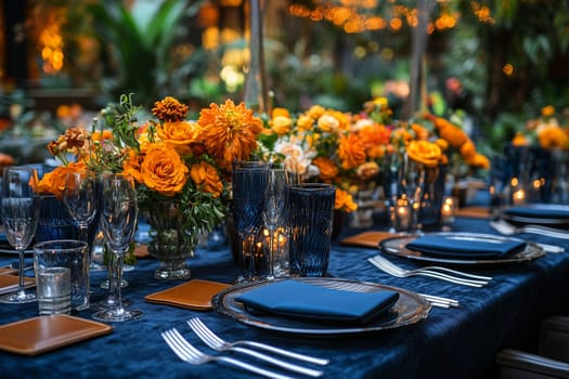 An inviting dinner setup comes alive with vibrant flowers, elegant glassware, and warm candlelight, creating a perfect ambiance for an enchanting evening gathering.