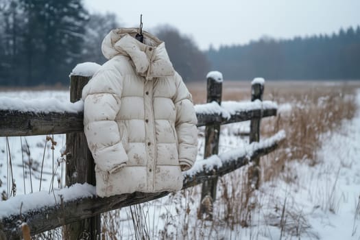 A large, cozy puffer jacket hangs from a rugged fence post, surrounded by a tranquil winter landscape blanketed in fresh snow, evoking warmth in the chill.
