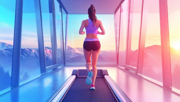 A determined sportswoman runs on a treadmill positioned against stunning panoramic windows, showcasing majestic mountains at sunset, enveloped in vibrant colors.