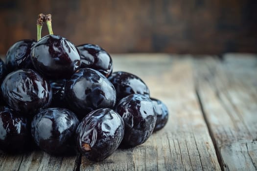 A stunning display of rich, shiny black prunes stacked neatly, showcasing their luscious texture against a beautifully aged wooden surface that adds warmth.