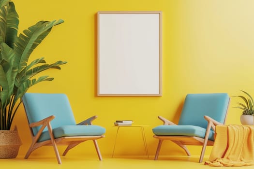 This lively living room boasts two comfortable armchairs set against a sunny yellow wall, complemented by vibrant plants and soft textures, inviting relaxation.