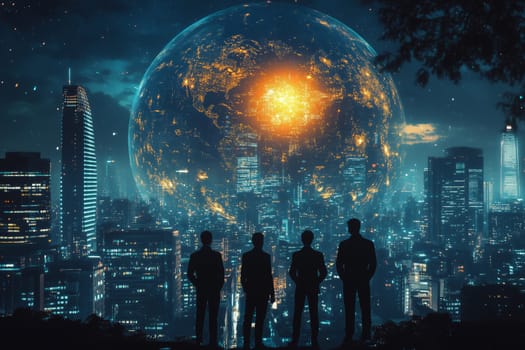 In a stunning city illuminated by countless lights, a group of professionals stands together, contemplating their ambitions and the potential of technology against a vibrant backdrop.