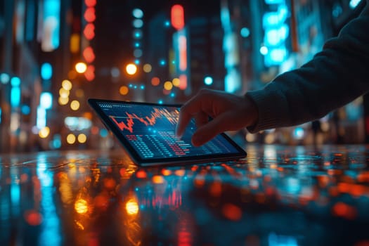 Under the glow of city lights, a businessman analyzes stock market data on his tablet, showcasing the blend of technology and urban energy during nighttime.