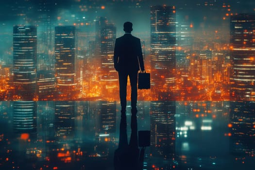 Standing against a shimmering city skyline, a businessman clutches a briefcase as he reflects on the possibilities of urban life at night, illuminated by bright lights.