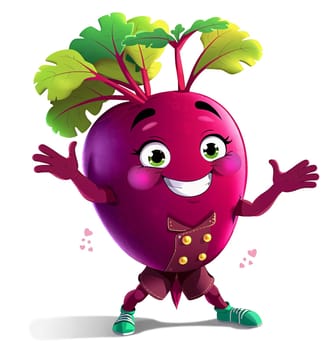 The image features a cheerful and anthropomorphic beet with a large head, a round body, and a pair of legs. The beet is wearing a brown jacket and green shoes, and has a big smile on its face. It has a pair of large, expressive eyes and a pair of small, pointed ears. The beet is waving its arms in a friendly manner, with its arms spread wide and its hands raised high. The beet is standing on a white background, and t
