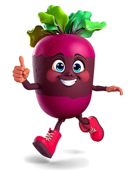 The image features a cartoon character of a beet with a purple body, green leaves, and a red top hat. The beet is anthropomorphized with a face, arms, and legs, giving it a friendly and approachable appearance. The beet is holding a red shoe in its left hand and giving a thumbs up with its right hand. The beet is standing on a white background, which highlights its vibrant colors and unique features. (transparent, isolated)
