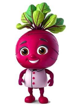The image features a cheerful, anthropomorphic beet character standing upright against a white background. The beet is wearing a white shirt and pink pants, and has a friendly smile on its face. The beet has a large head with a green leafy top, giving it a playful and whimsical appearance. The beet is also wearing a pair of red shoes, adding a pop of color to its outfit. The beet's arms and legs are spread out, giving it a sense of balance and stability. (transparent, isolated)