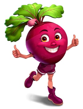 The image depicts a cheerful, anthropomorphic beet character with a large head, a round body, and a pair of legs. The beet is wearing a pair of purple shorts and boots, and has a big smile on its face. The beet is holding up two thumbs up signs, indicating a positive and enthusiastic demeanor. The beet is set against a white background, which highlights its vibrant color and unique features. (transparent, isolated)