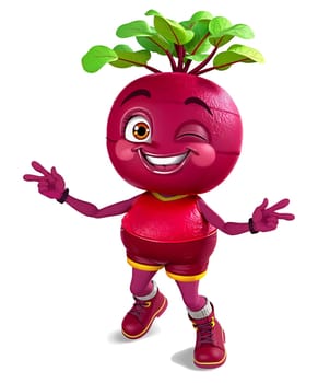 The image features a cheerful, anthropomorphic beet character standing upright on two legs. The beet has a round body with a large head and a wide smile, giving it a friendly and approachable appearance. The beet is wearing a red tank top and matching red shorts, and its feet are adorned with red shoes. The beet is also wearing a green leafy hat on its head, adding a touch of whimsy to its character. The beet is making a peace sign with its hands, further emphasizing its friendly demeanor. The entire scene is set against a white background, which highlights the vibrant colors of the beet and its accessories. (transparent, isolated)