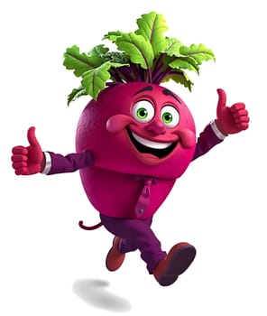 The image features a cheerful, anthropomorphic beet character with a pink body, purple pants, and a purple tie. The beet is standing upright on two legs, giving the impression of walking. It has a big smile on its face and is holding up two thumbs up signs, indicating a positive and enthusiastic demeanor. The beet is also wearing a green leafy hat on its head, adding to its whimsical appearance. The entire scene is set against a white background, which highlights the vibrant colors and details of the beet character. (transparent, isolated)